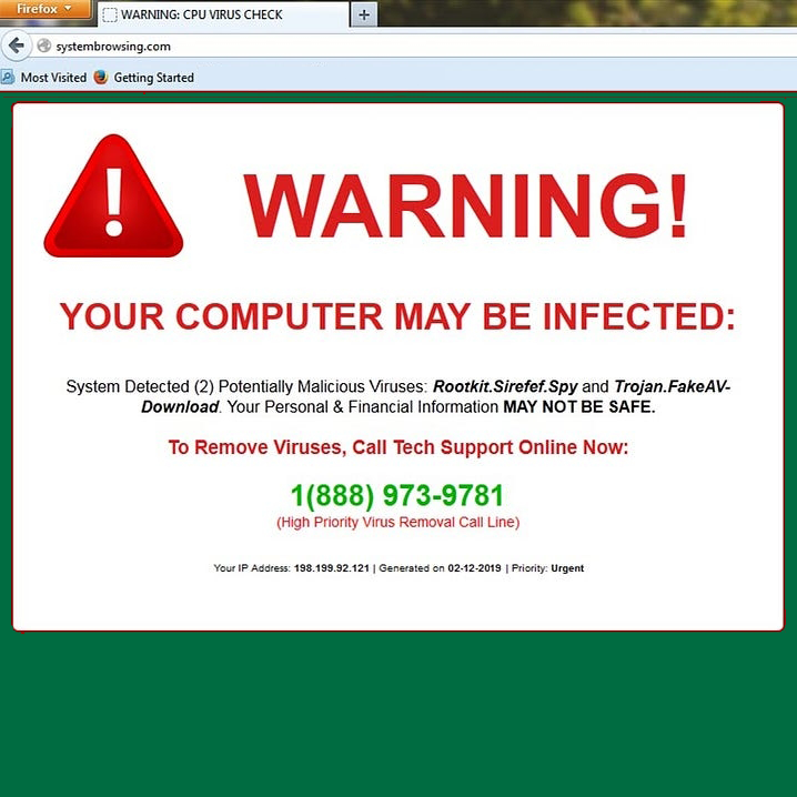 screenshot of computer screen with a scam message that says the computer is infected and to call the number on the screen